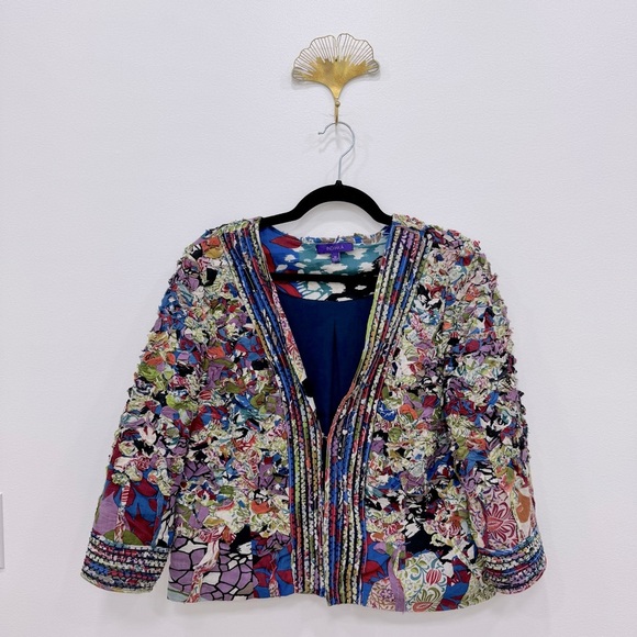 Indikka Mixed Print Open Front quilted Jacket Artsy Novelty Retro Sz Medium - Picture 1 of 6